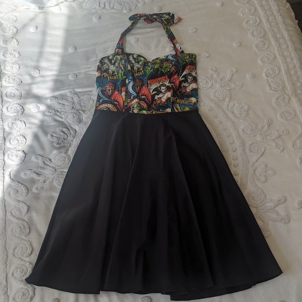 Vintage-Inspired Black Midi Dress with Multi-Color Horror Print - Picture 2 of 7